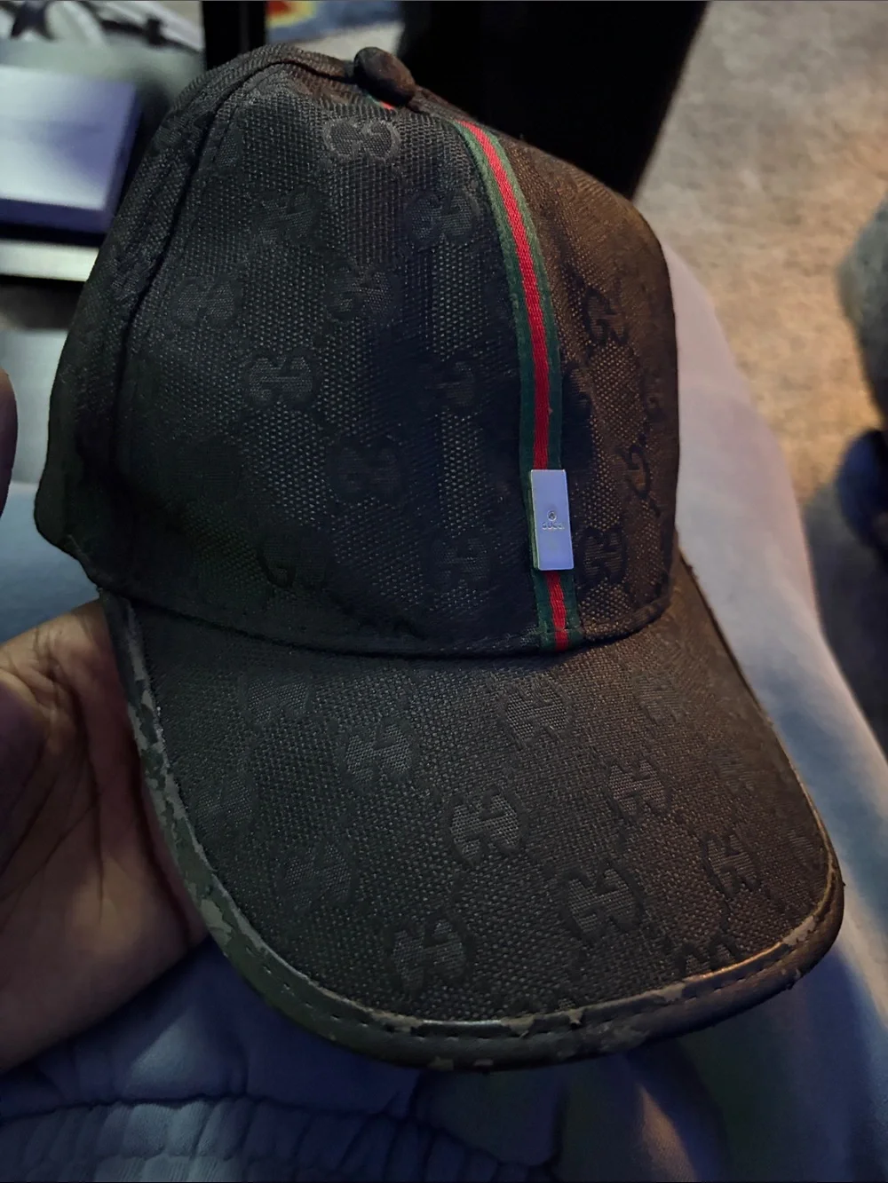 Gucci Black Signature Canvas Cap with Green-Red Web Stripe